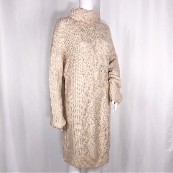 TopShop Oatmeal Rib Open Knit Drop Sleeves Turtleneck Sweater Dress SzM 8-10 NWT - Picture 1 of 16